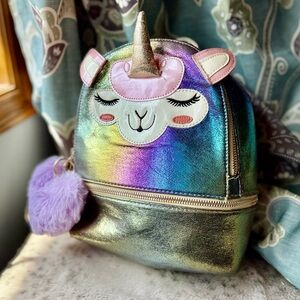 Whimsical Unicorn Lamb Backpack Iridescent Rainbow Gold Medium Bag Pom Charm